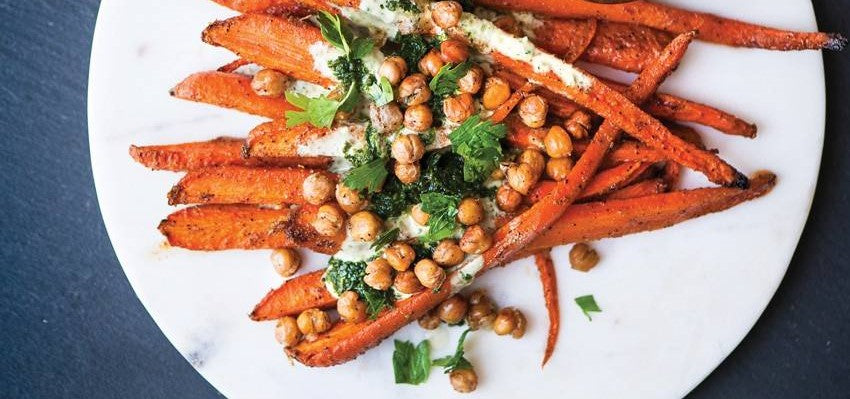 Roasted Carrots, Spiced Chickpeas with Tahini Yoghurt Dressing