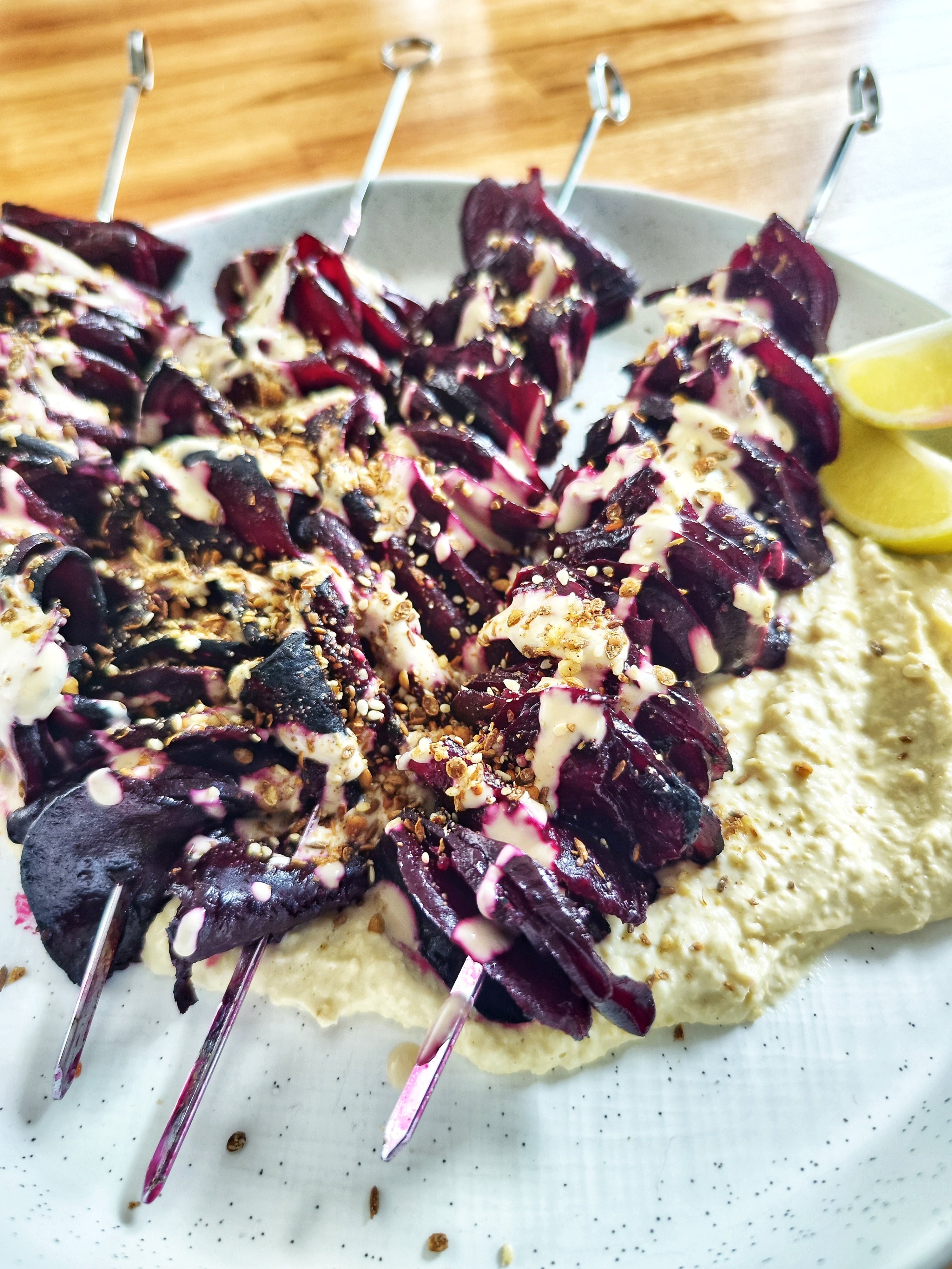 Charred Beetroot Skewers with Dukkah & Miso Dressing