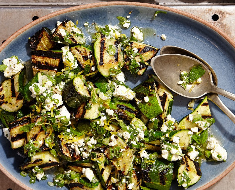 Grilled Courgette with Carrot Top Pesto, Feta & Herbs