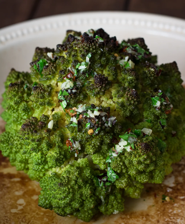 Whole Roasted Romanesco, Purple Cauliflower or Broccoli with simple Salsa Verde